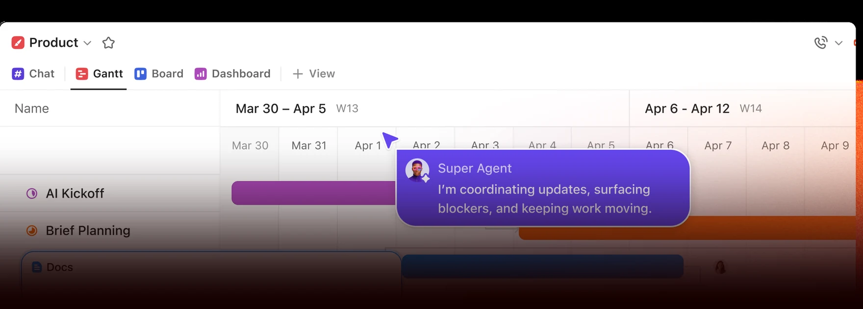 A ClickUp project board laid out horizontally: tasks grouped by stage with owners, due dates and logged time against each one — the view a website build is planned and timed in.